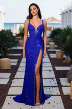 Charming Royal Blue Sequins Strps Sleeveless Prom Dress With Front Split
