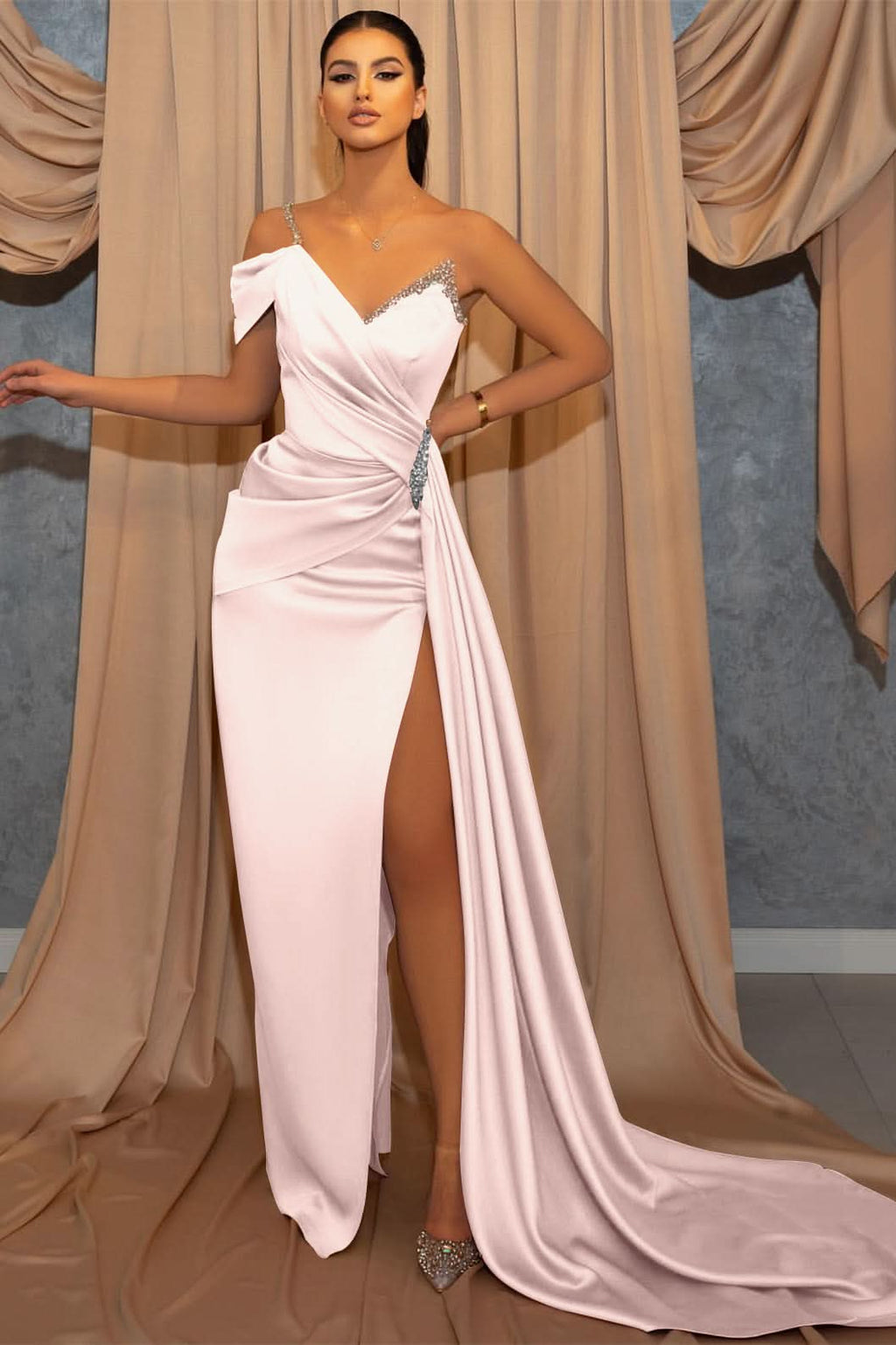 One-Shoulder V-Neck Spaghetti-Strap Beaded Mermaid Prom Dress with Ruffles and Slit BM bride