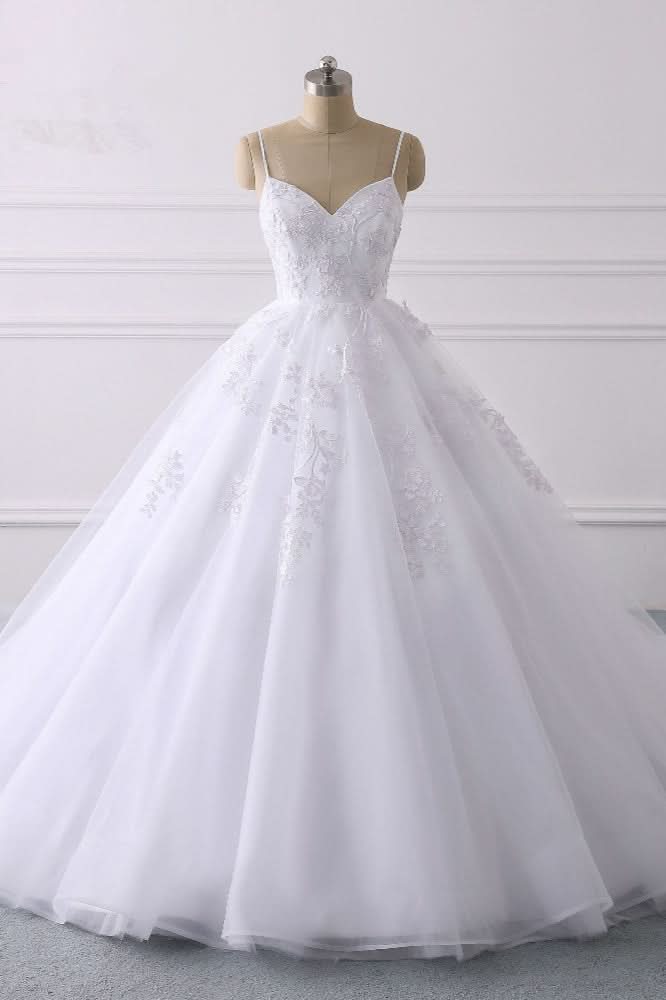 Spaghetti Strap V-Neck Tulle Wedding Dress with Lace Appliques BM bride