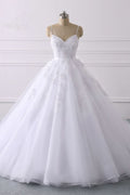 Spaghetti Strap V-Neck Tulle Wedding Dress with Lace Appliques BM bride