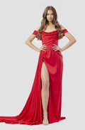 Long Prom Dress Satin Red Strapless Sleeveless With Side Split