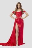 Red Satin Strapless Sleeveless Long Prom Dress with Side Slit BM bride