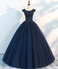 Navy Blue Sleeveless A-Line Lace Printed Prom Dress BM bride