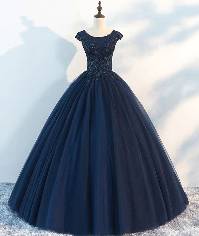 Navy Blue Sleeveless A-Line Lace Printed Prom Dress BM bride