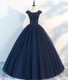Navy Blue Sleeveless A-Line Lace Printed Prom Dress BM bride