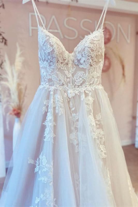 Spaghetti Strap V-Neck Sleeveless Tulle Lace A-Line Wedding Dress BM bride