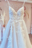 Spaghetti Strap V-Neck Sleeveless Tulle Lace A-Line Wedding Dress BM bride