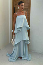 Spaghetti Strap Sleeveless Long Prom Dress With Ruffles Pleated