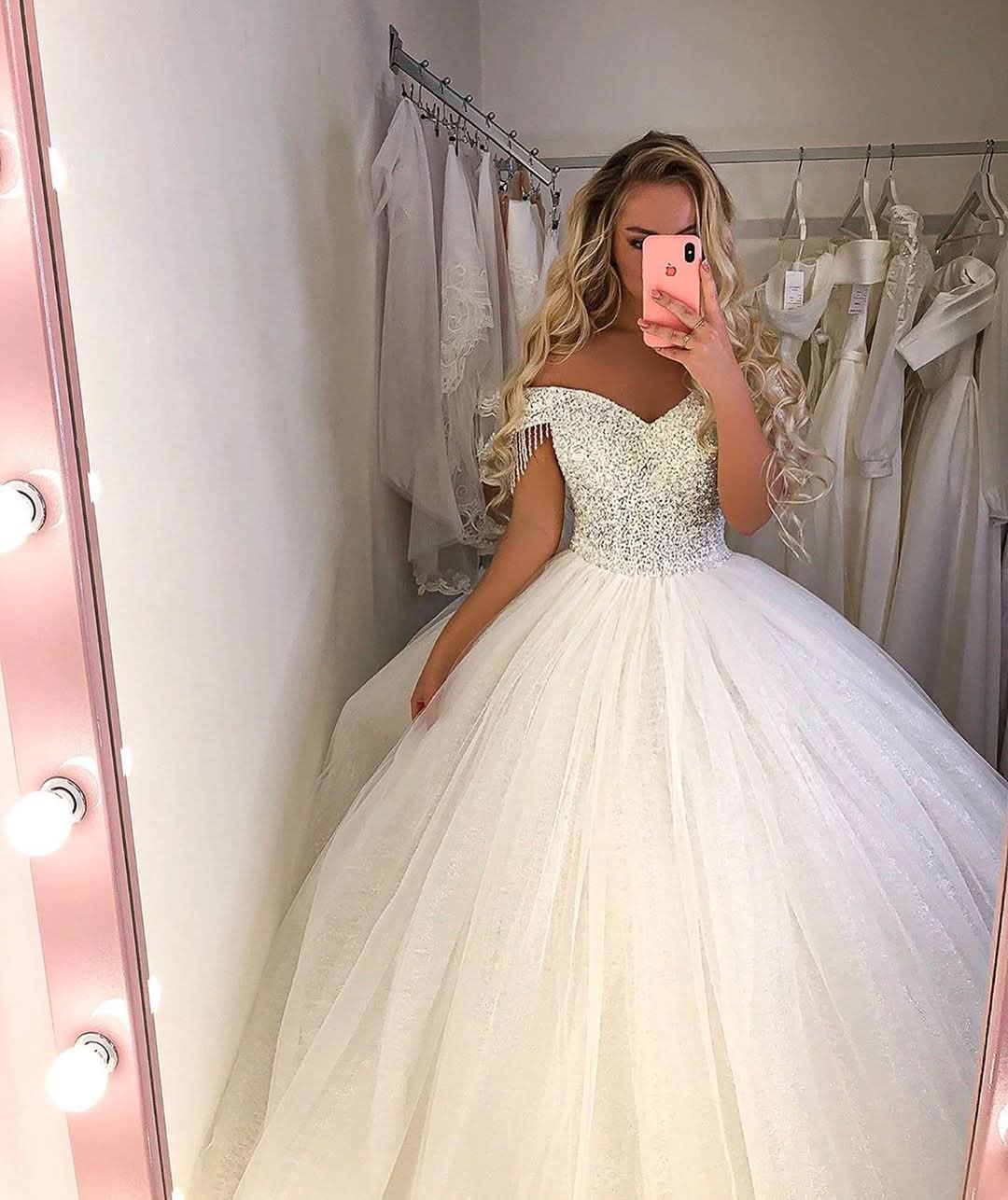 Long Princess Off-the-Shoulder Wedding Dress with Tulle BM bride