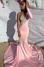 Pink One Long Sleeve Mermaid Long Prom Dress Waist Skimming With Appliques