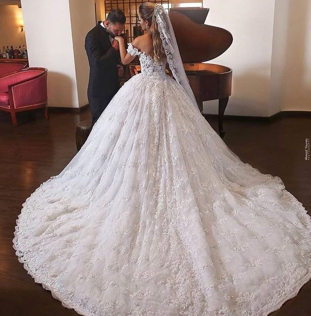 Luxury Long Off-the-Shoulder Ball Gown Wedding Dress with Lace and Train BM bride