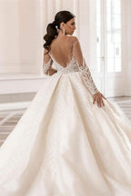 Glamorous Long Sleeve Bateau A-Line Satin Wedding Dress with Crystal and Pearl BM bride