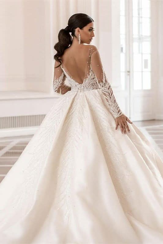 Glamorous Long Sleeve Bateau A-Line Satin Wedding Dress with Crystal and Pearl BM bride