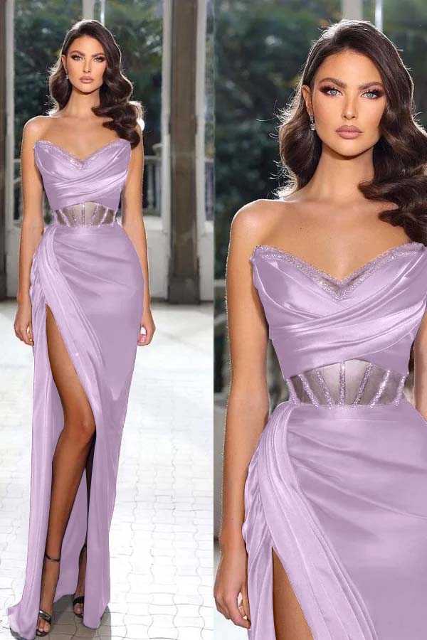 Strapless Sleeveless Long Mermaid Prom Dress With Split Pleated BMBRIDE