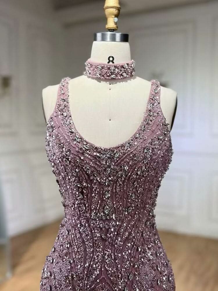 Luxurious Square Beaded Embroidered Formal Evening Dress with Slit BM bride