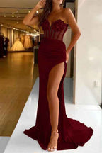 Chic Strapless Sweetheart Sleeveless Pleated Mermaid Split Prom With Sequins
