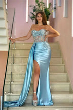 Sky Blue Sweetheart Sleeveless Mermaid Evening Dress with Beads and Satin Ruffle Slit BM bride