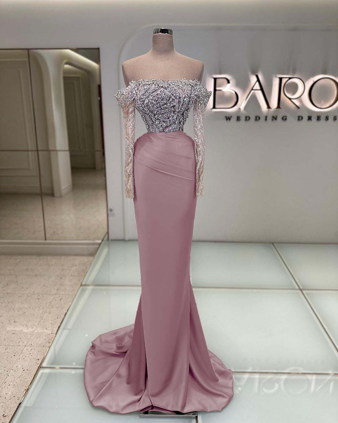 Off the Shoulder Long Sleeves Long Mermaid Prom Dress With Beading BMBRIDE