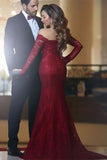 Burgundy Long Sleeve Mermaid Evening Dress BM bride