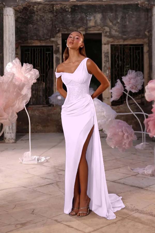 Sleeveless One Shoulder Long Split Prom Dress With Pleated Sequin BMBRIDE
