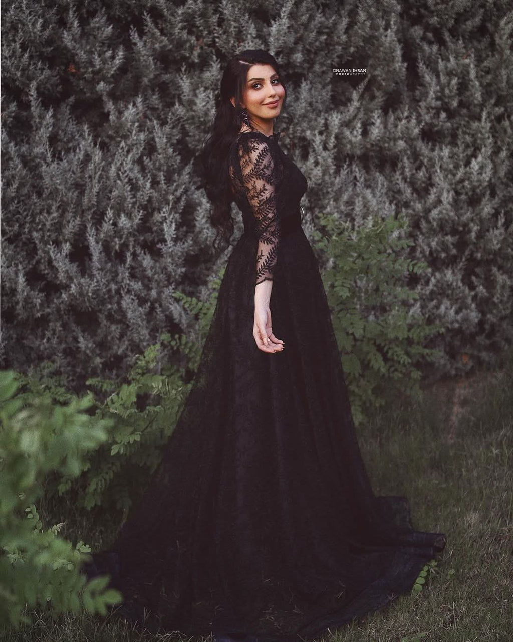 Black Long A-line Wedding Dress With Tulle Lace Sleeves BM bride