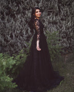 Black Long A-line Wedding Dress With Tulle Lace Sleeves BM bride