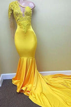 Yellow One-Shoulder Long Sleeve Mermaid Prom Dress with Appliques BM bride