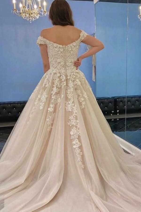 Long A-line Off-the-Shoulder Wedding Dress With Tulle Lace BM bride