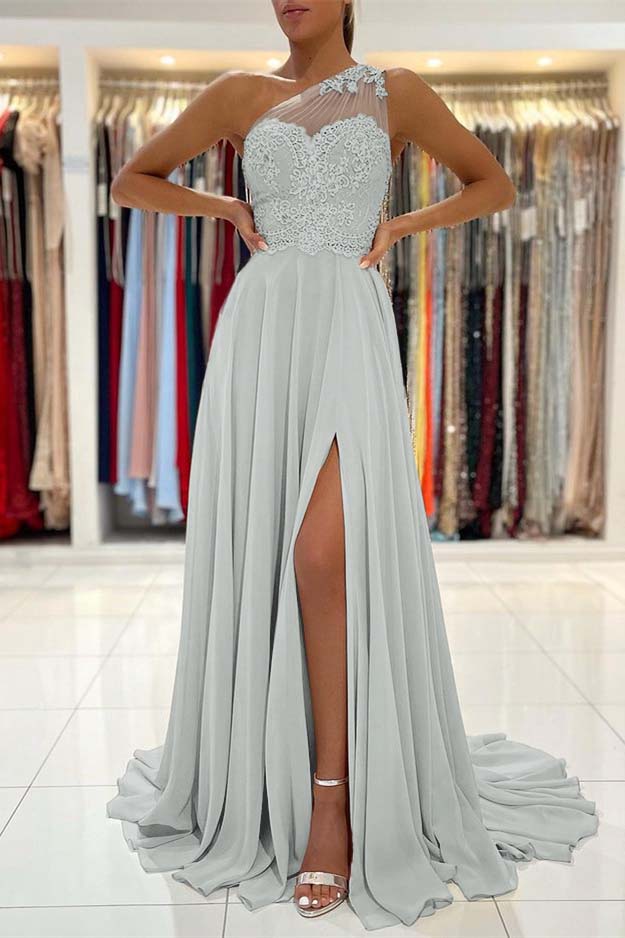 Glamorous One Shoulder Sleeveless Lace Appliques Prom Dress With Front Split BMBRIDE