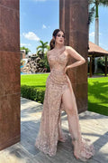 Champaign Gold Tulle One Shoulder Sleeveless Long Split Prom Dress With Beading