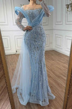 Off the Shoulder Long Sleeves Long Prom Dress With Appliques