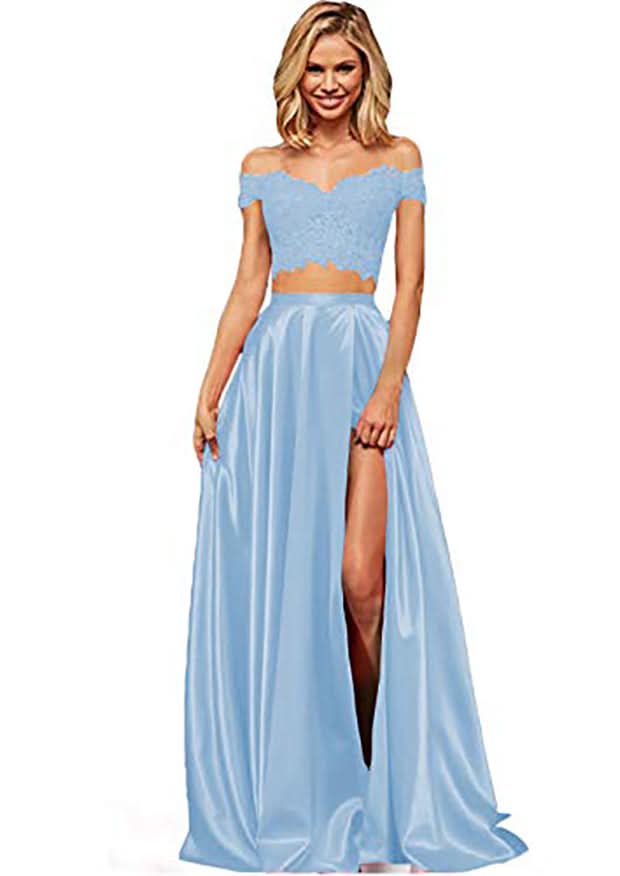Off-the-Shoulder Two Pieces Prom Dress with Appliques and Slit BM bride