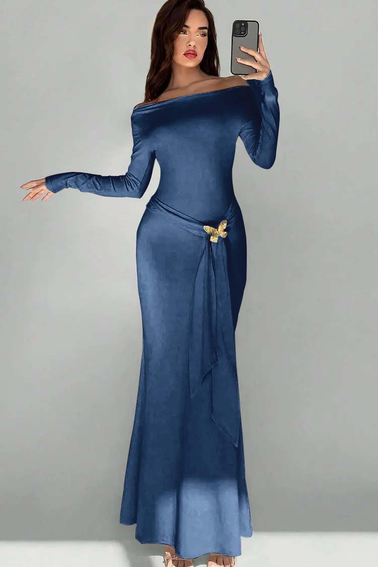 Off the Shoulder Long Sleeves Long Mermaid Prom Dress With Appliques BMBRIDE