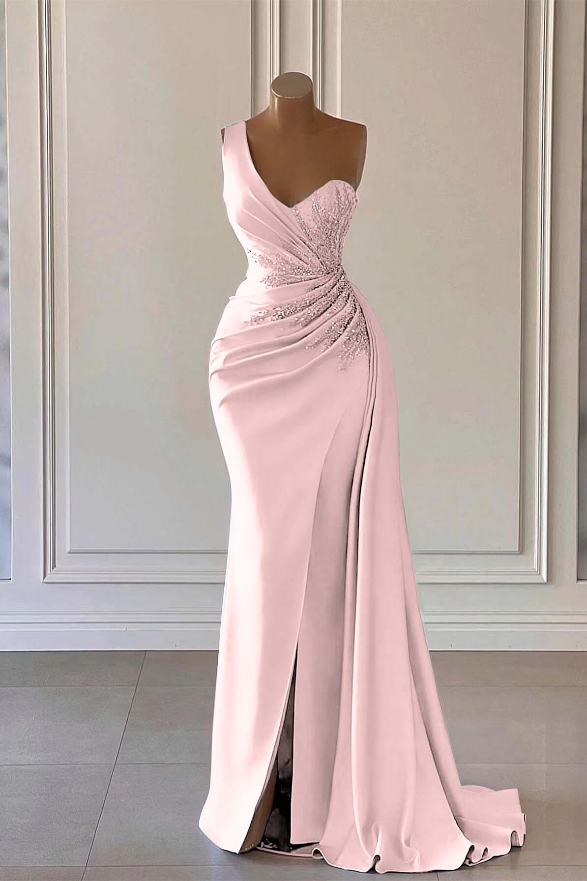 Charming Luxury One Shoulder Long Prom Dress Mermaid Split With Ruffles