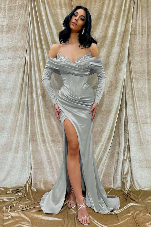 Off the Shoulder Long Sleeves Mermaid Long Prom Dress With Beading BMBRIDE