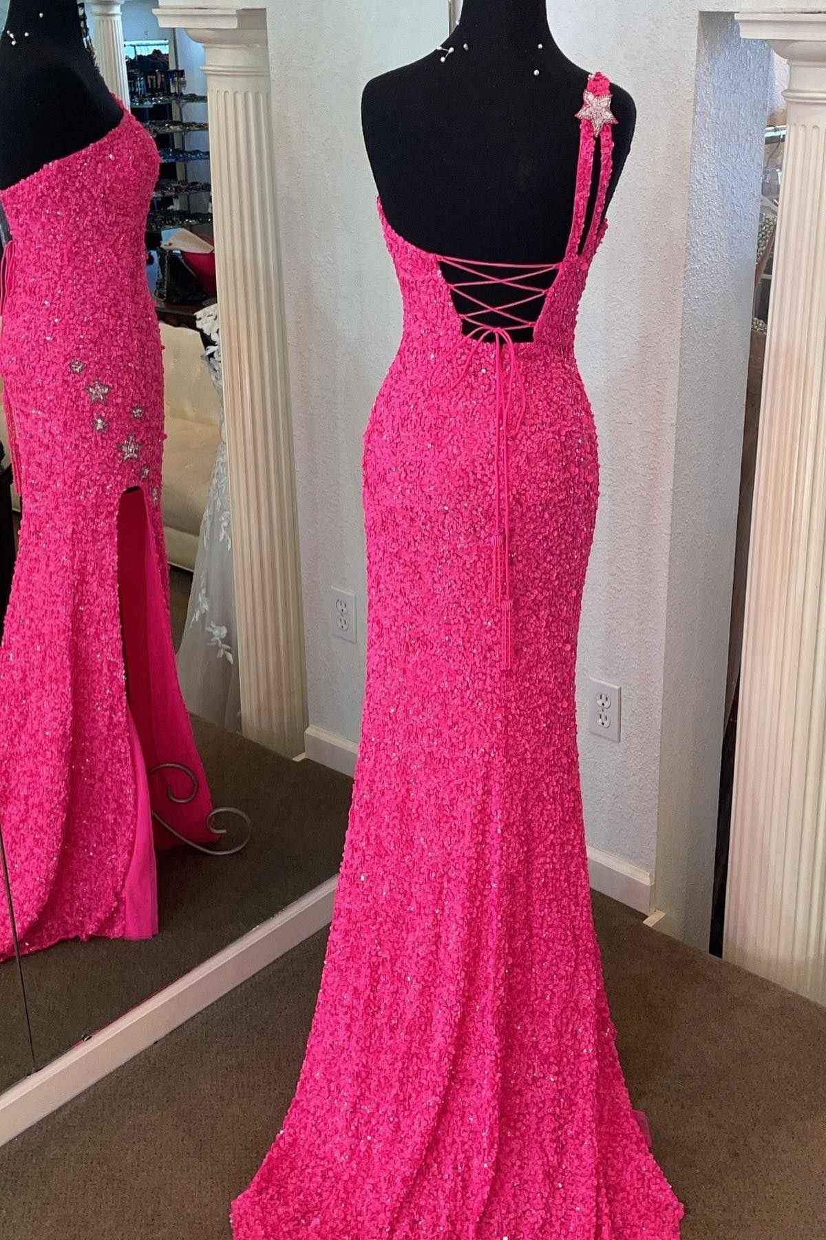 One Shoulder Sleeveless Mermaid Prom Dress Sparkle Sequins With Split
