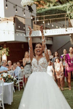 Long Sleeve A-Line Sheer Tulle Wedding Dress with Lace BM bride
