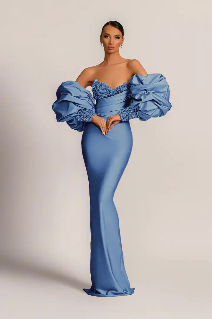 Charming Purple Strapless Mermaid Long Prom Dress With Appliques Puff Sleeves