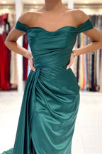 Dark Green Off-the-Shoulder Mermaid Long Prom Dress with Split and Ruffles BM bride