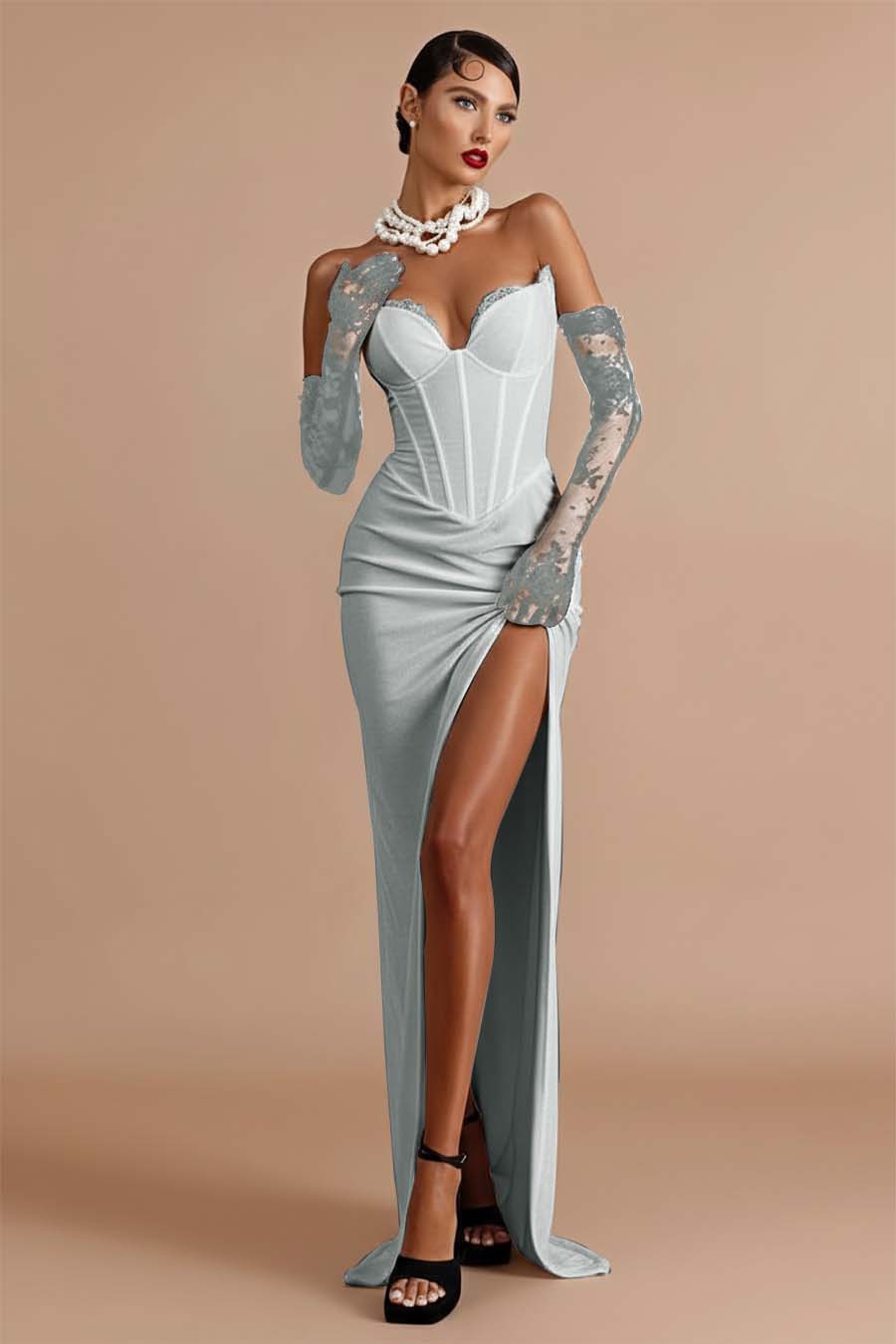 Sleeveless Strapless Long Mermaid Split Prom Dress With Gloves BMBRIDE