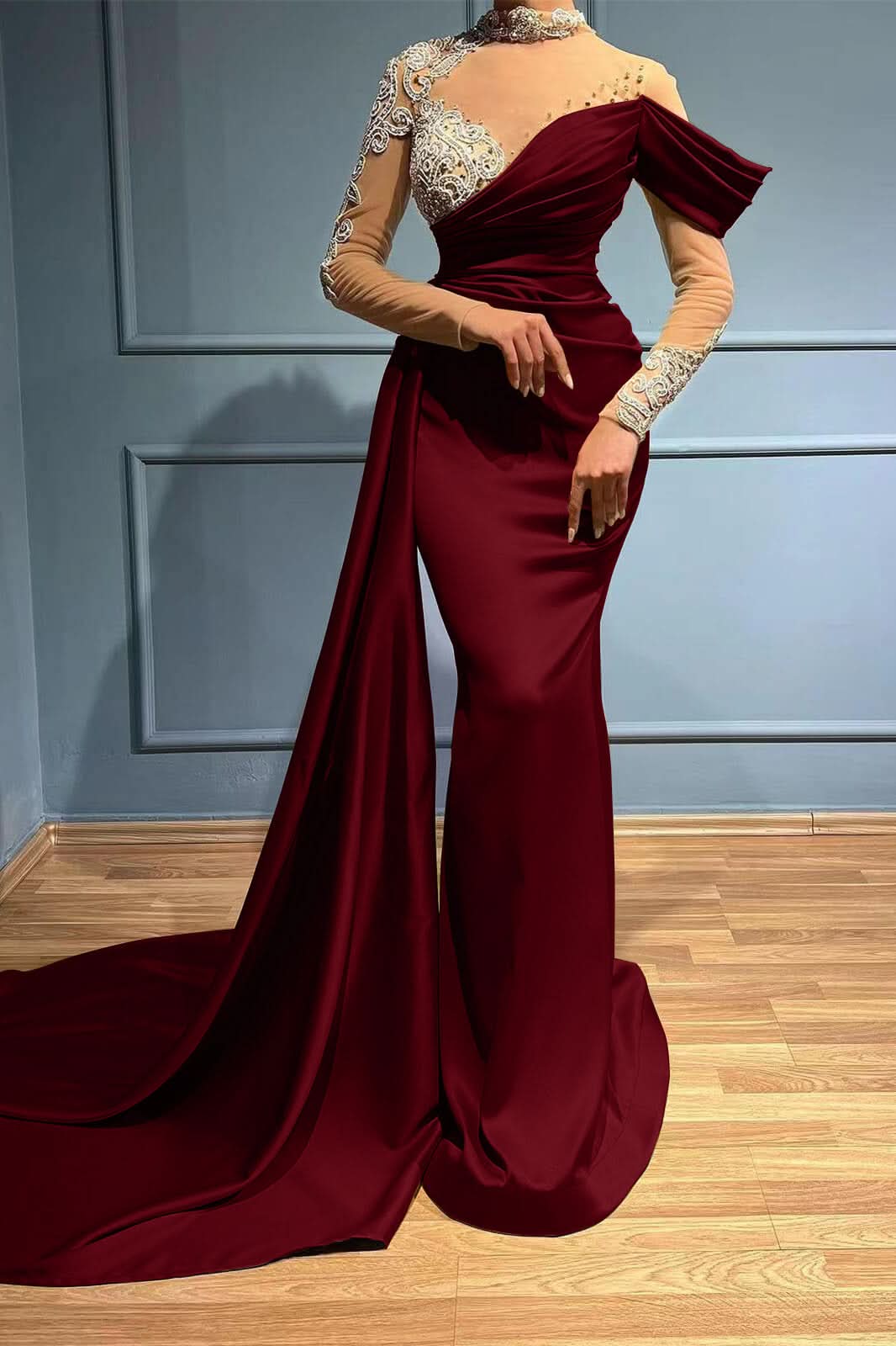 High Neck Mermaid Long Sleeves Appliques Evening Dress Long with Ruffles BM bride