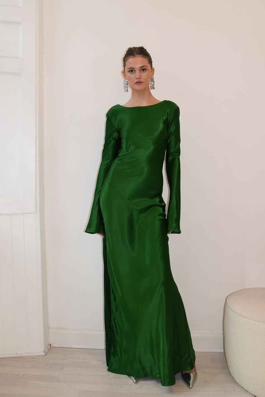 Dark Green Long Sleeves Split Long Prom Dress With Backless
