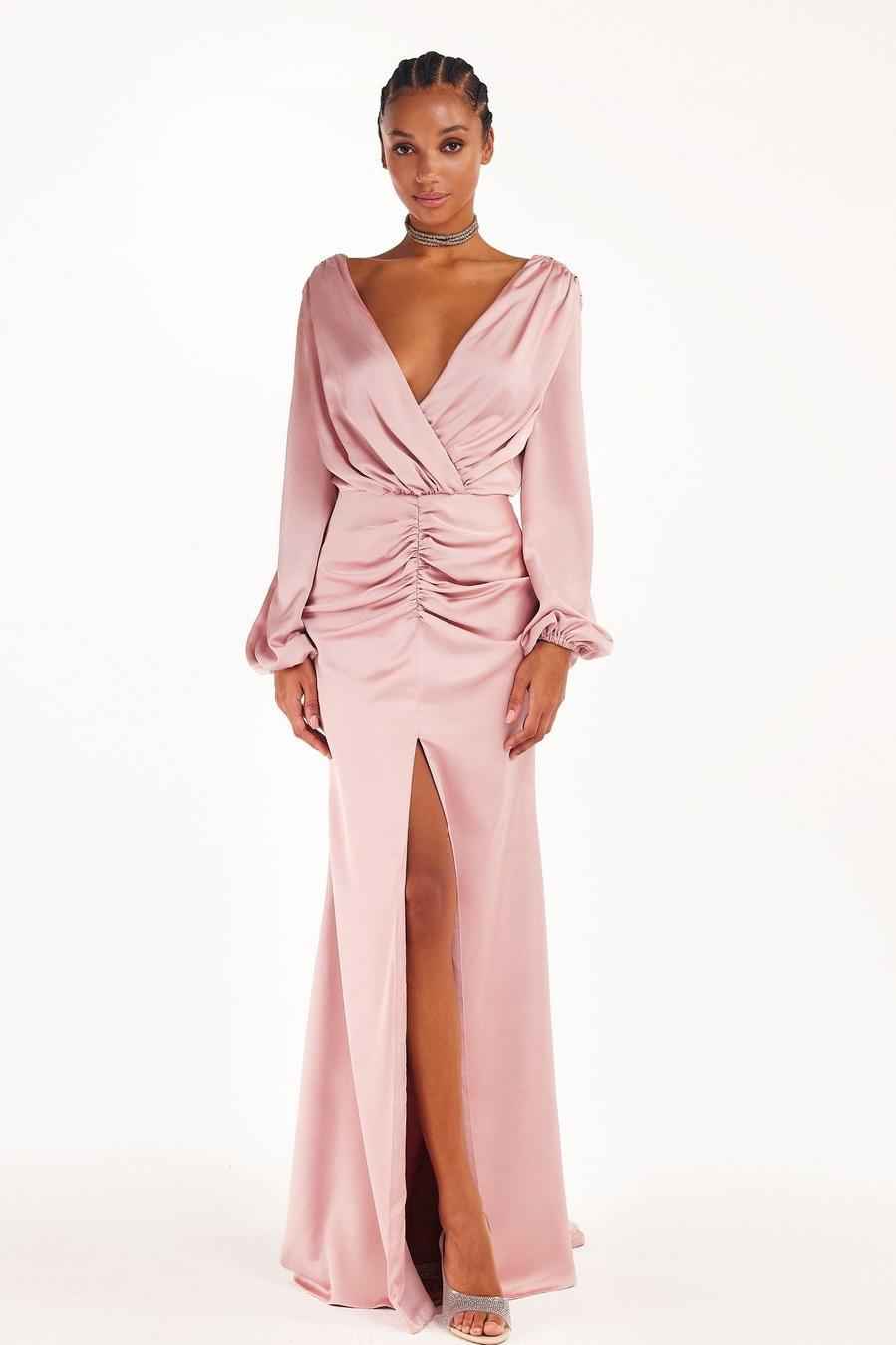 Pink Long Sleeves V Neck Pleated Long Prom Dress With Front Split