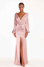 Pink Long Sleeves V Neck Pleated Long Prom Dress With Front Split