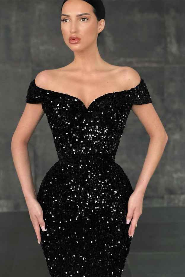Black Chic Off the Shoulder Strapless Sleeveless Sequins Mermaid Prom Dress
