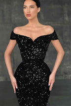 Black Chic Off the Shoulder Strapless Sleeveless Sequins Mermaid Prom Dress