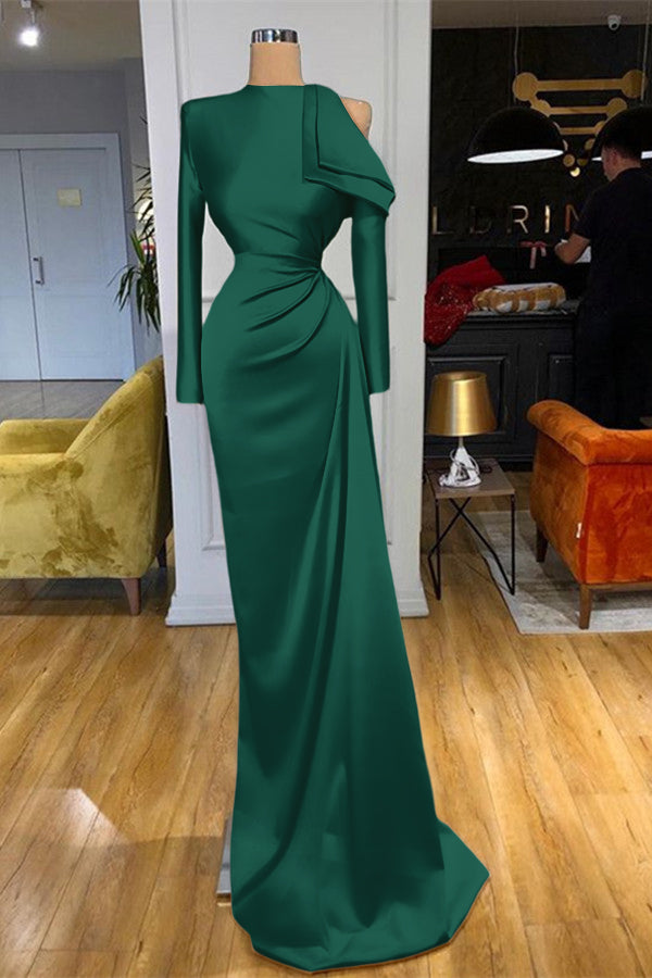 Charming High Neck Champagne Prom Dress Mermaid Long Sleeves With Pleated BMBRIDE