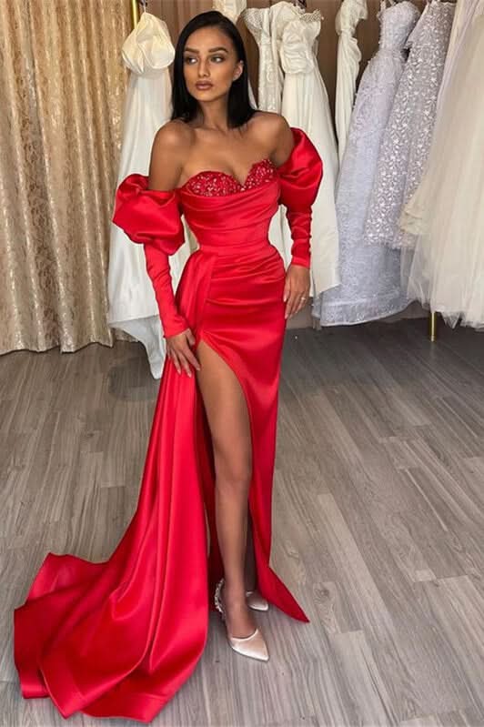 Gorgeous Red Evening Dress Prom Dress Off-the-Shoulder Half-Sleeves with Sequins and Slit BM bride
