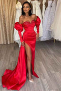 Red Off The Shoulder Mermaid Split Prom Dress Sweetheart With Diamond Appliques