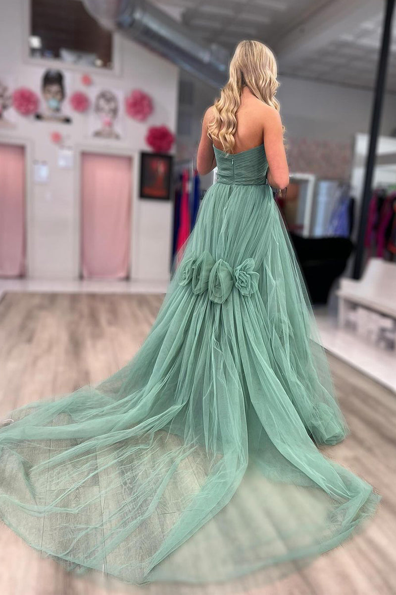 Graceful Green Strapless A-Line Tulle Long Prom Dress BM bride